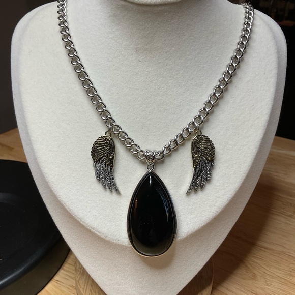 Stainless Steel Necklace with Black Jasper Pendant and Mixed Metal Wings - Picture 2 of 3